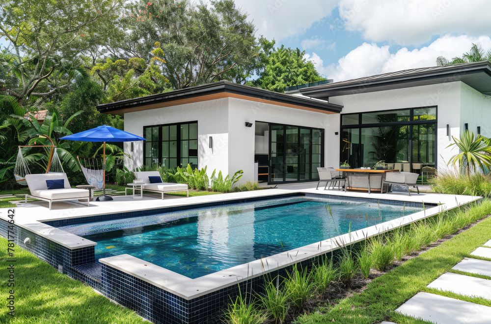 a small pool and outdoor living area in front, a modern house with white stucco walls and black steel frame construction. Patio furniture sits on a grassy area near the pool