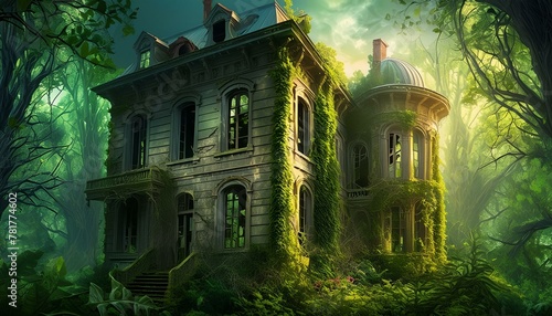  An abandoned manor house engulfed by wild, overgrown vegetation. The house appears ancient 