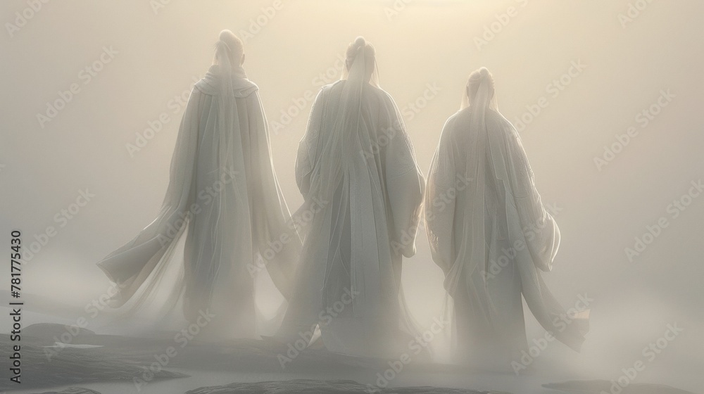 From behind we see three ethereal beings deep in thought their graceful postures hinting at their immense wisdom and cunning. . . From behind we see three ethereal beings deep in thought their graceful postures hinting at their immense wisdom and cunning. . .