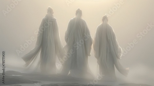 From behind we see three ethereal beings deep in thought their graceful postures hinting at their immense wisdom and cunning. . .
