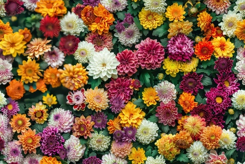 Flowers wall background with amazing red, orange, pink, purple, green and white chrysanthemum flowers 8K tile collage