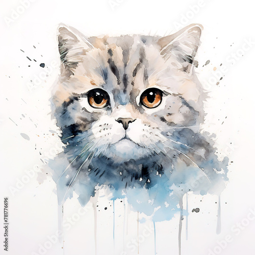 Image of watercolor painting of scottish fold cat head on a clean background. Pet. Animals. Illustration. Generative AI.