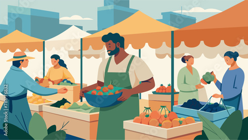 In a bustling farmers market a vendor showcases their selection of fresh produce in large reusable containers. Customers fill their own bags