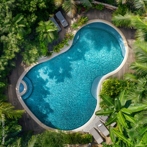 Beautiful free form swimming pool in tropical count, view from above.