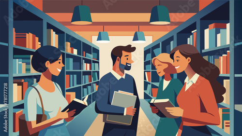 A group of friends laugh and chatter as they browse through the aisles of a quaint bookstore their eyes lighting up at the discovery of hidden