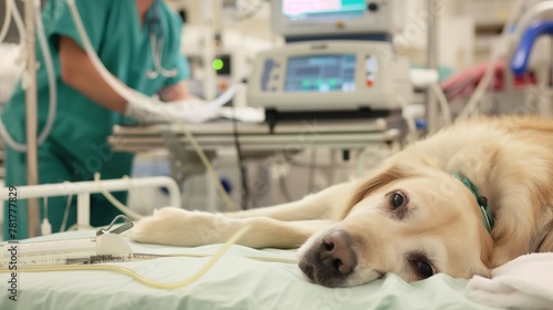 A sick dog is lying on a veterinary hospital bed with a drip in its paw
