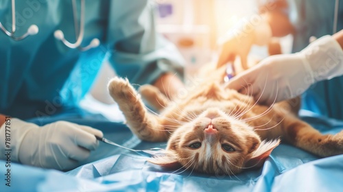 Veterinarian surgeons perform a complex operation on a sick cat under general anesthesia. Medical veterinary clinic, veterinary ambulance and reabilitation for pets photo