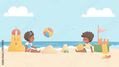 Cartoon illustration of little children playing ball in the sand on the seashore  relaxation and summer vacation
