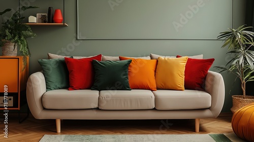 Trendy design deep retro colors of muted warm shades, soft beige sofa with multi-colored pillows and sage green wall