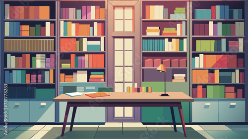 A rainbow of color swatches lines the bookshelves showcasing the homeowners love for experimenting with different hues. A vintage drafting