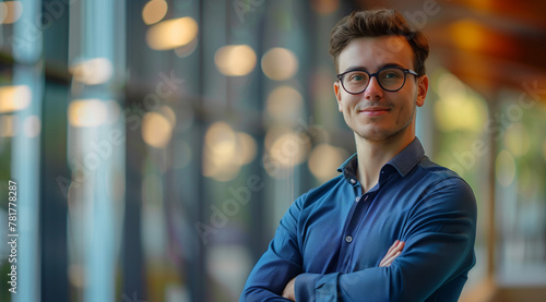 Smiling Young Businessman in Corporate Setting, Corporate Persona