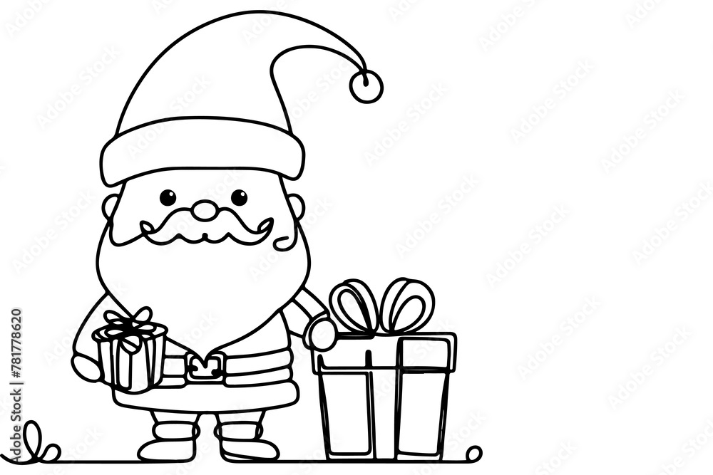 one Continuous black line art drawing of Santa Claus with gift box outline doodle vector illustration on white background one Continuous black line art drawing of Santa Claus with gift box outline doodle vector illustration on white background