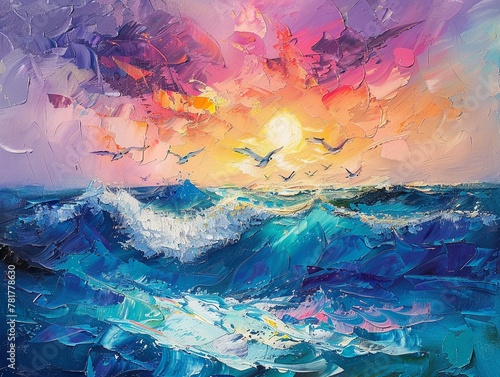 Palette knife oil painting of an ocean scene with marine animals, vibrant summer colors, on a dynamic background with intense, dramatic lighting photo