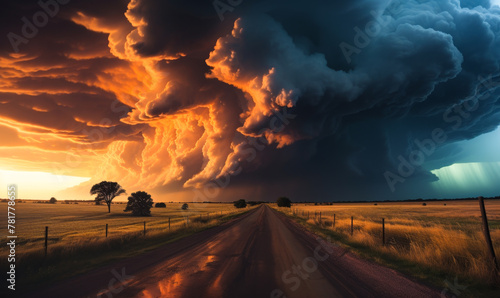 Majestic Supercell Clouds Ignite Over Rural Road at Sunset, Nature's Power Unleashed