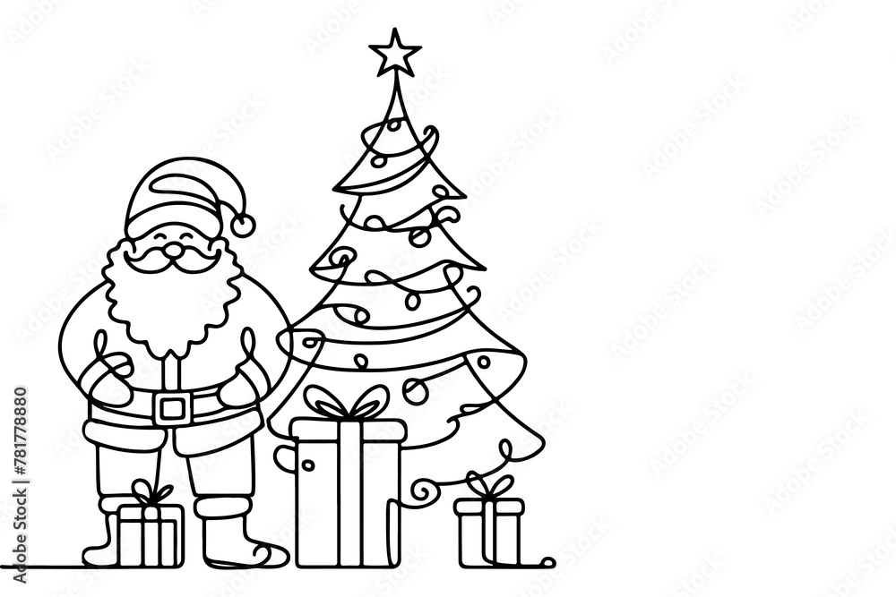 one Continuous black line art drawing of Santa Claus with gift box outline doodle vector illustration on white background