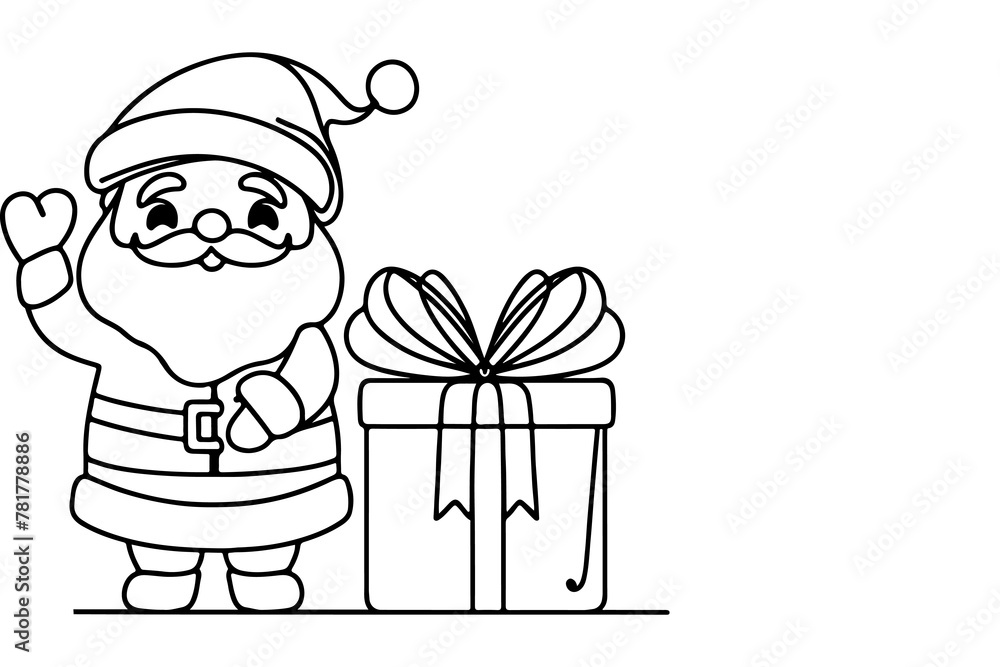 one Continuous black line art drawing of Santa Claus with gift box outline doodle vector illustration on white background one Continuous black line art drawing of Santa Claus with gift box outline doodle vector illustration on white background