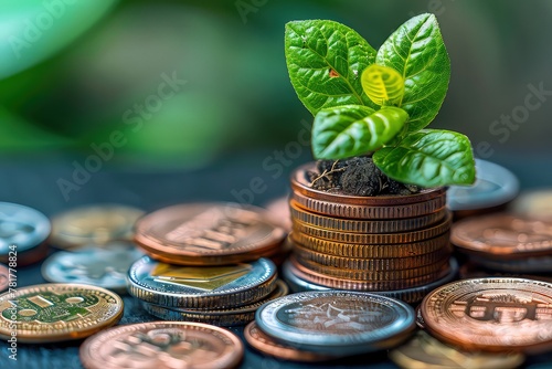 Coins and young sprout - your growing income. The promise of a prosperous future, encapsulated in the image of a sprout growing amidst a treasure trove of coins.
