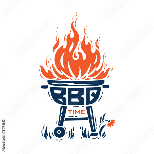 BBQ Time. Grill Barbecue Party. Portable Charcoal Grill with Fire Flames. Vector illustration. 