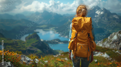 Girl with a yellow backpack looking at a beautiful view from the mountain.