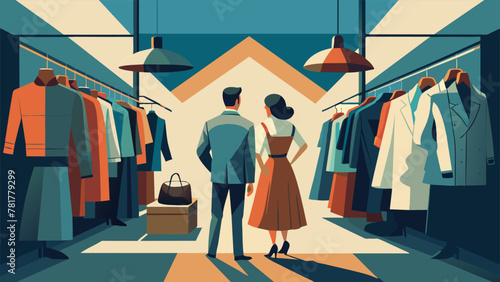 A couple stands handinhand mesmerized by the array of vintage clothing hanging on racks at a flea market stall. They delight in the unique