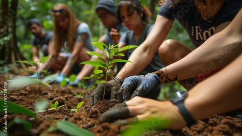 Eco-conscious community participating in a tree-planting event, embodying environmental stewardship