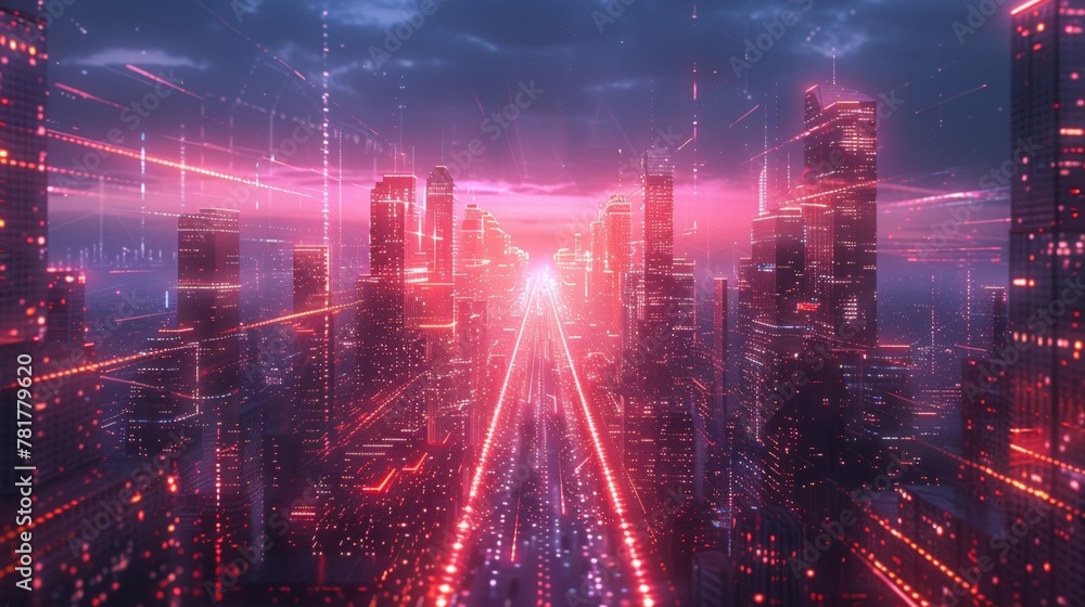 Futuristic smart city skyline with neon speed lines of data flowing between buildings Futuristic smart city skyline with neon speed lines of data flowing between buildings