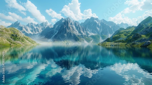 Elevated view of a crystal-clear mountain lake, surrounded by peaks, reflecting the sky above