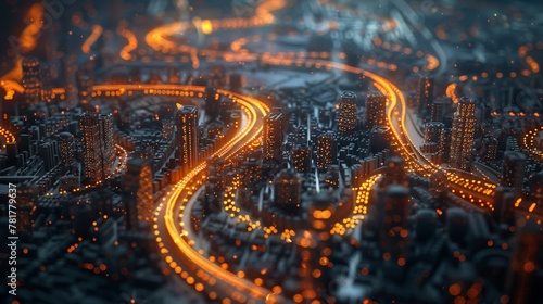 Glowing pathways of data crisscrossing a smart city, highlighting efficient urban technology integration photo