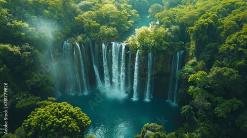 Majestic waterfalls plunging into a serene pool below, surrounded by lush foliage, viewed from above