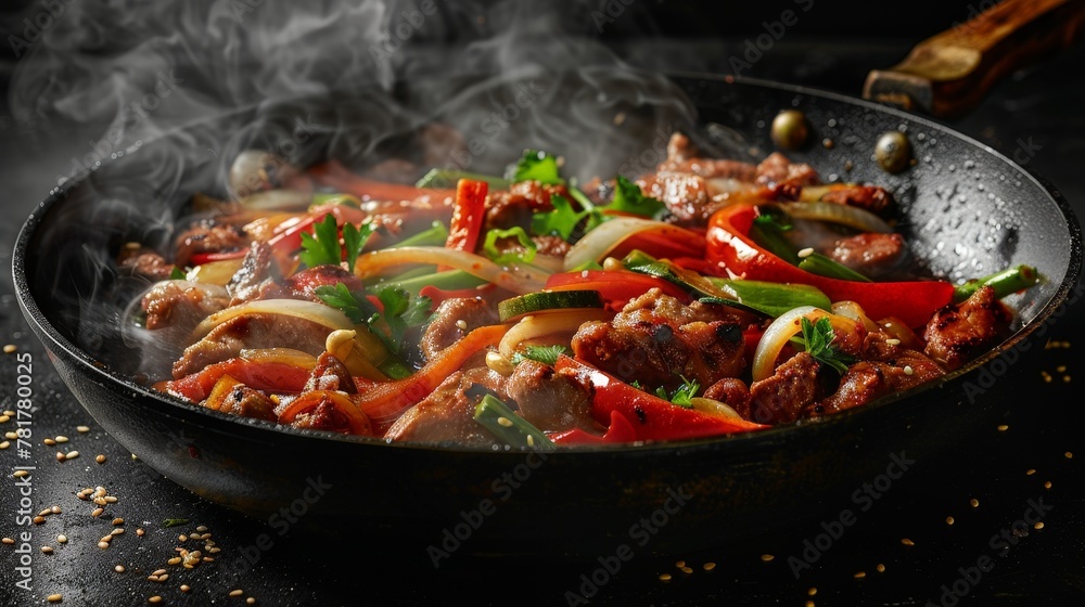 Sizzling pan of mixed vegetables and strips of meat, the essence of stir-fry captured in motion Sizzling pan of mixed vegetables and strips of meat, the essence of stir-fry captured in motion