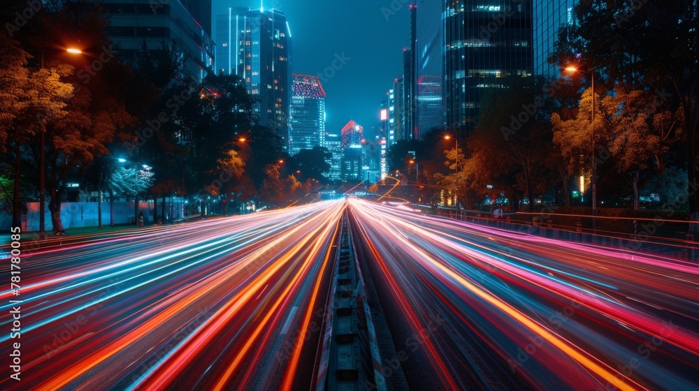 Smart city infrastructure highlighted by dynamic light trails, showcasing high-speed data exchange