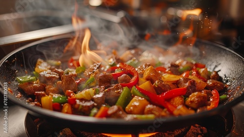 Sizzling pan of mixed vegetables and strips of meat, the essence of stir-fry captured in motion