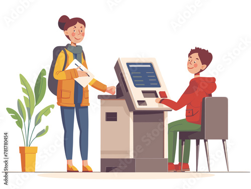 Empowering Accessibility: Visually Impaired Customer Navigates ATM with Bank Teller's Guidance in Animated Illustration