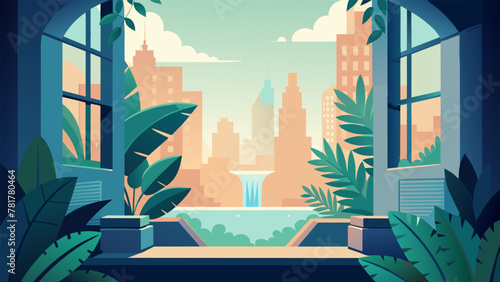 Against the backdrop of a bustling cityscape a tranquil windowsill garden offers a peaceful escape. Lush ferns and cascading vines create a