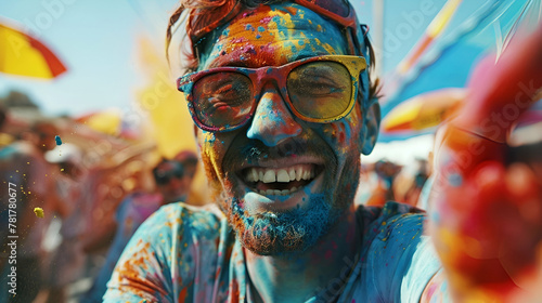 Indian Man at Vibrant Holi Celebration. Holi Festival, India's Most Colorful Festival © Bi