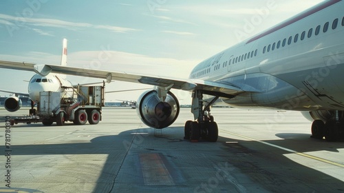 A closeup of a fuel truck refueling a commercial airplane on the tarmac with a large Biofuel decal visible on the side. . photo