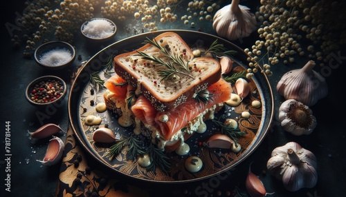 gourmet sandwich with salmon fillet on thin raw bread 