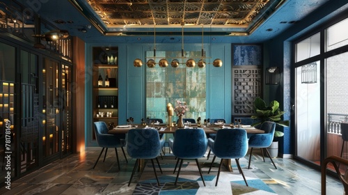 A stylish dining room with a statement ceiling adorned with metal panels in a bold and vibrant color such as deep blue or emerald green. The panels are arranged in an intricate geometric .