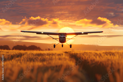 Crop duster plane flying over wheat field, farm airplane in cloudy sky on sunset. Agricultural cropduster machine, old airplane. Agriculture and farming concept © ratatosk