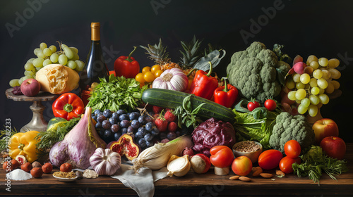 A rich assortment of fresh fruits and vegetables artistically arranged on a dark background  evoking a sense of harvest abundance