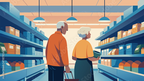 An elderly couple looks lost in the supermarket their eyes scanning the shelves filled with products in unfamiliar packaging. They struggle to