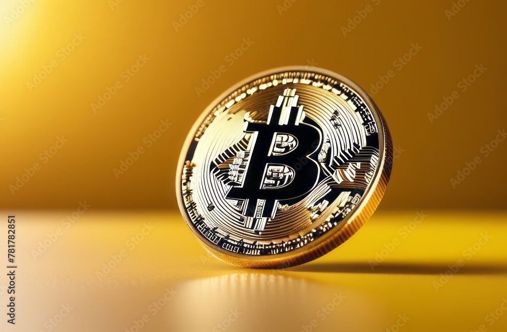 Close-up of single gold Bitcoin coin on yellow background. Crypto currency banner with copy space from the right and left side. Bitcoin coin with space for text on yellow background Close-up of single gold Bitcoin coin on yellow background. Crypto currency banner with copy space from the right and left side. Bitcoin coin with space for text on yellow background