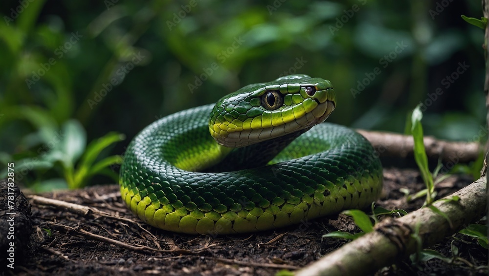 Happy green snake in the spring in the summer in the forest. Happy Chinese New Year 2025, Zodiac sign, Year of the Snake Happy green snake in the spring in the summer in the forest. Happy Chinese New Year 2025, Zodiac sign, Year of the Snake