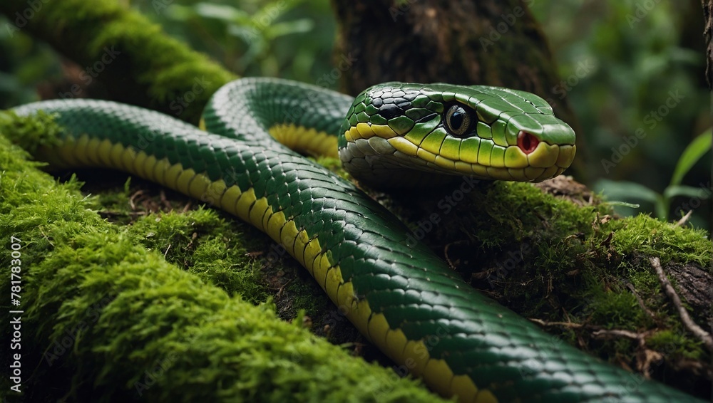 Happy green snake in the spring in the summer in the forest. Happy Chinese New Year 2025, Zodiac sign, Year of the Snake Happy green snake in the spring in the summer in the forest. Happy Chinese New Year 2025, Zodiac sign, Year of the Snake
