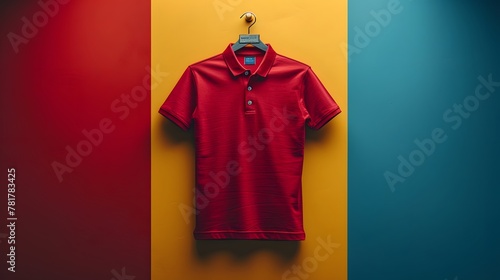 a maroon polo t-shirt mockup artfully isolated on a solid taupe background, captured in vivid high resolution, accentuating its sophistication and style with cinematic flair.