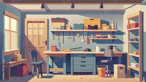 A dedicated corner in the garage filled with power tools stacks of wood and shelves of hardware where a master crafter spends weekends building