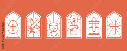 Church stained windows with religious Easter symbols. Christian mosaic glass arches set with holly cross dove cup and egg on colored background