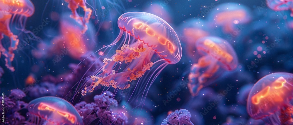 Design an otherworldly scene where jellyfish with glowing tentacles drift through an underwater galaxy teeming with exotic sea creatures ,close-up,ultra HD,digital photography Design an otherworldly scene where jellyfish with glowing tentacles drift through an underwater galaxy teeming with exotic sea creatures ,close-up,ultra HD,digital photography