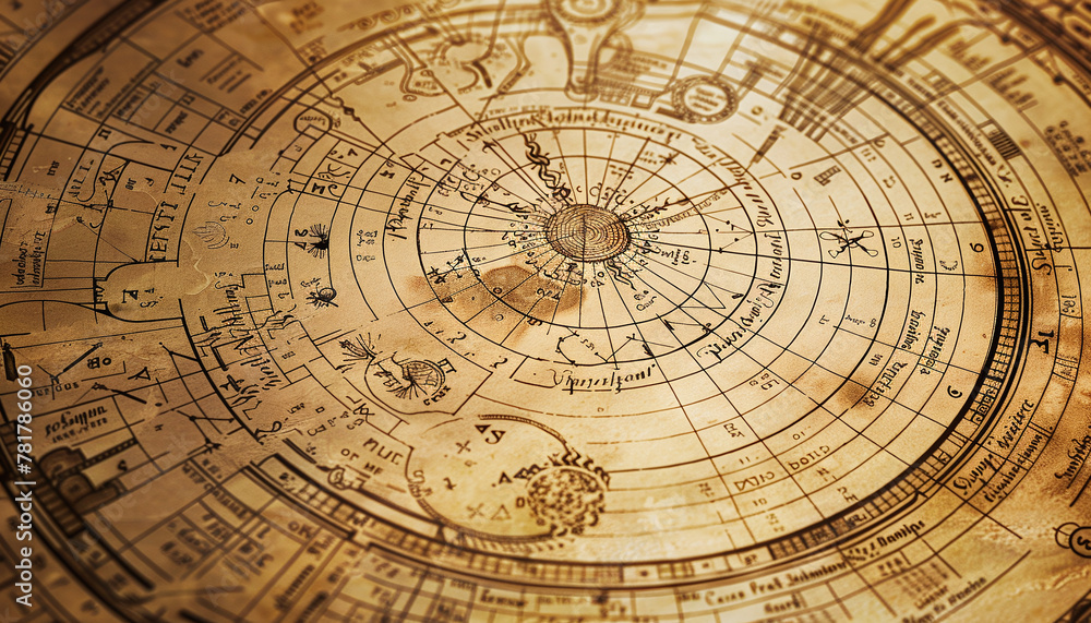 Ancient calendar with constellations and astronomical instruments against the background of stars. Symbol of science, astrology, mystery, education, mysticism, numerology, occultism