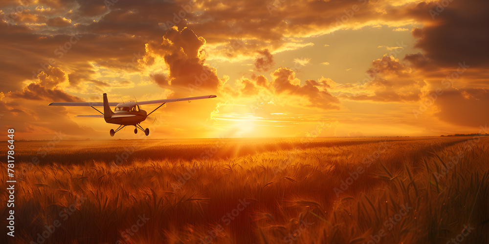 Fototapeta premium Crop duster plane flying over wheat field, farm airplane in cloudy sky on sunset. Agricultural cropduster machine, old airplane. Agriculture and farming concept